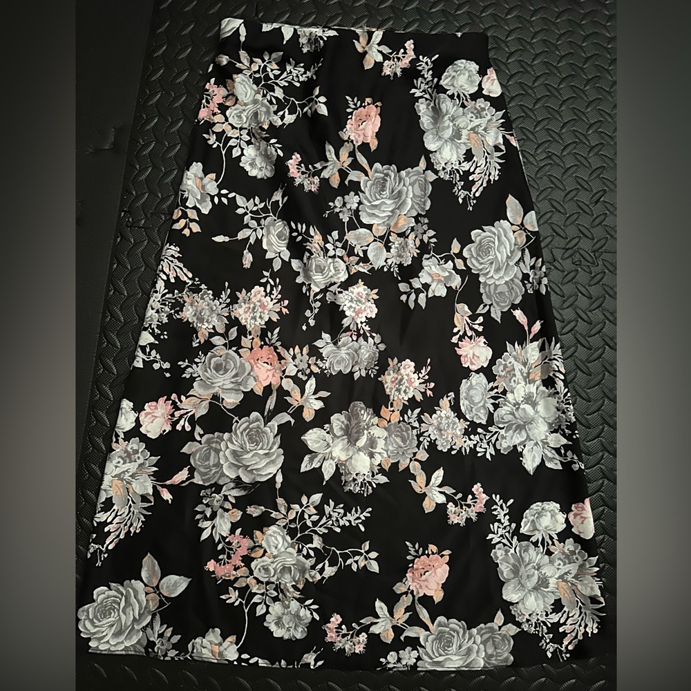 Long Black/flowered Satin Skirt